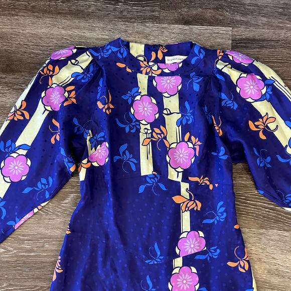 NWT Silvia Astore Jade Blue Floral Silk Midi Dress Size 42 |‎ Medium Long Sleeve - Picture 5 of 16